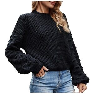 Loose Crewneck Cable Knit Lantern Sleeve